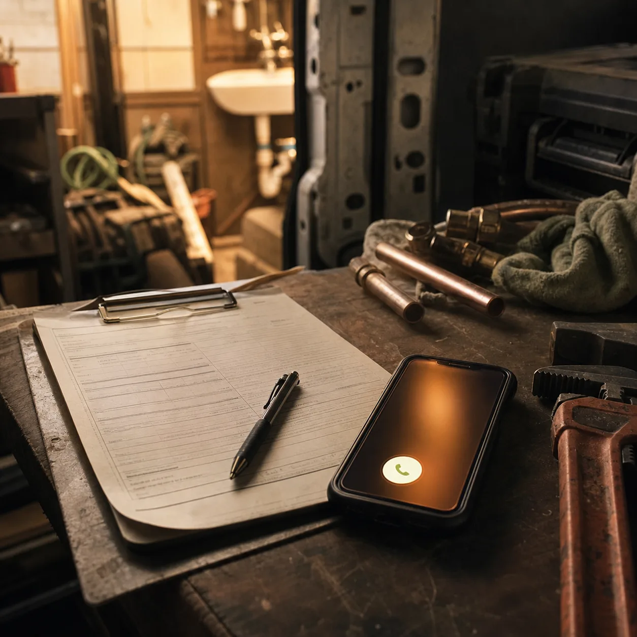 Incoming service call beside a paper job intake form, tools, and copper pipe.