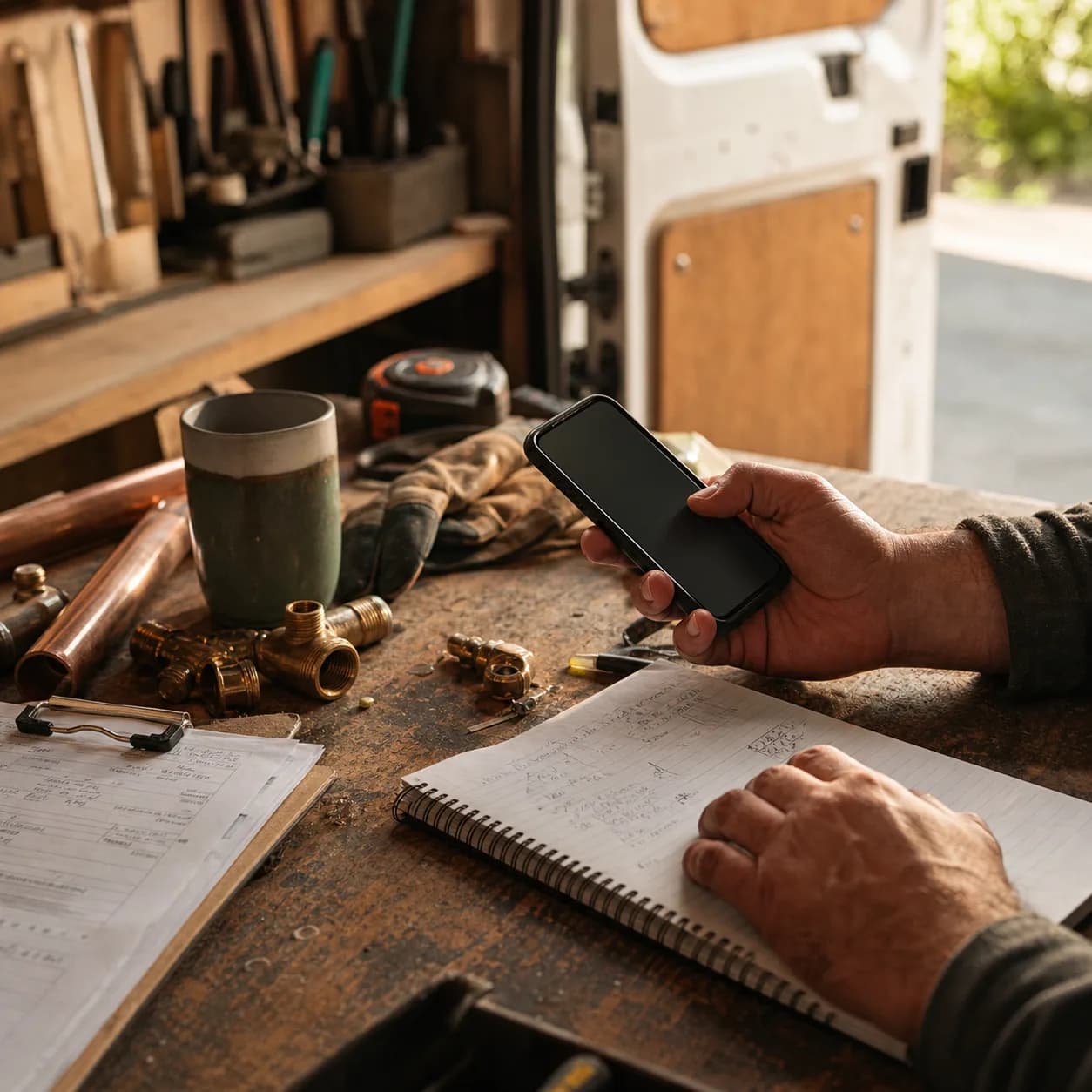 Tradesperson workbench with a phone, tools, copper fittings, gloves, and job notes.