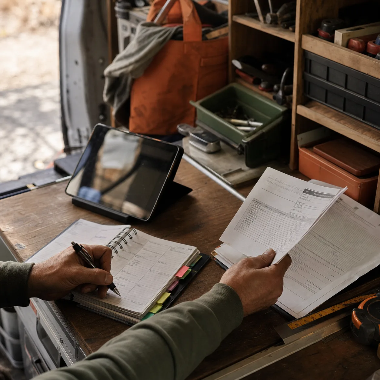 Tradesperson hands reviewing paperwork, a notebook, tools, and a tablet inside a service van.